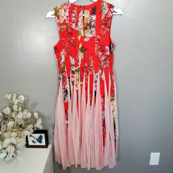 ASOS Dress Womens Petite Size 2 Red Floral Mesh Insert Fit and Flare Midi New - Picture 3 of 14